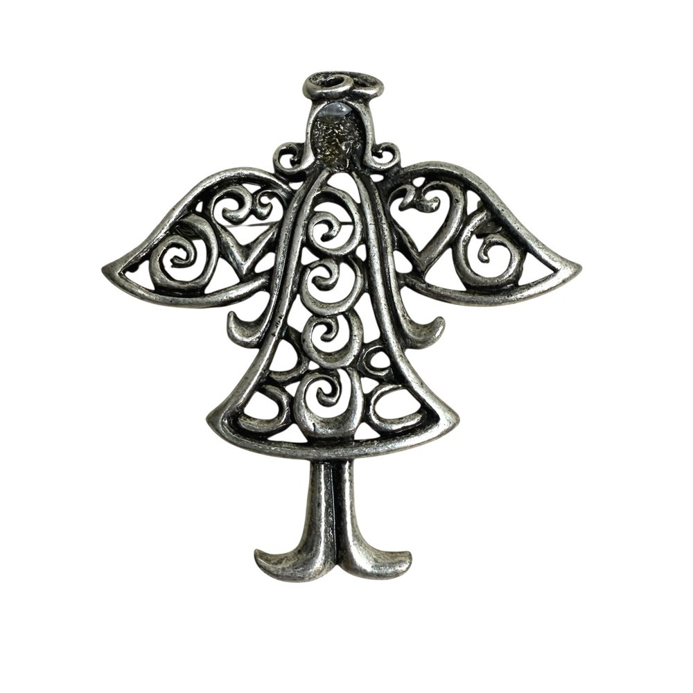 TC Angel Pin Brooch Silver Tone Ornate Wings Holiday Christmas 2 1/5 in H